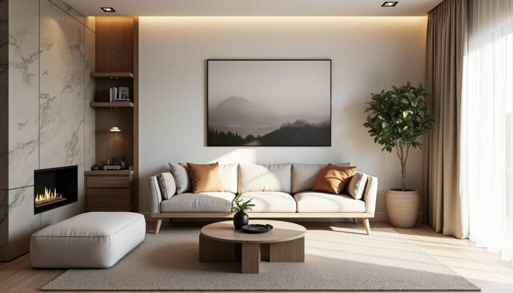 Espacio minimalista con muebles funcionales y elementos naturales